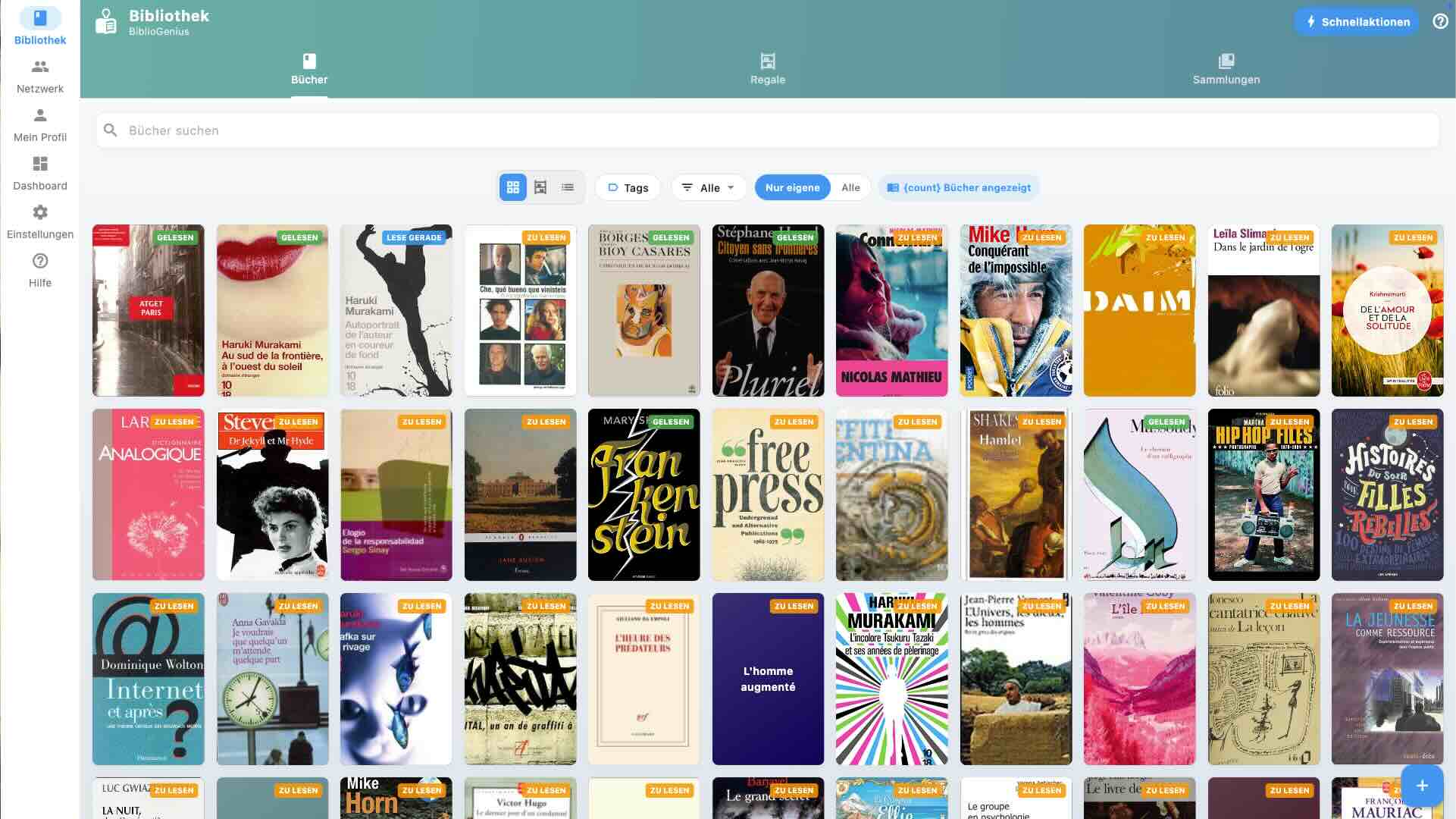 BiblioGenius-Screenshot mit der Bibliotheksansicht und Buchcovern