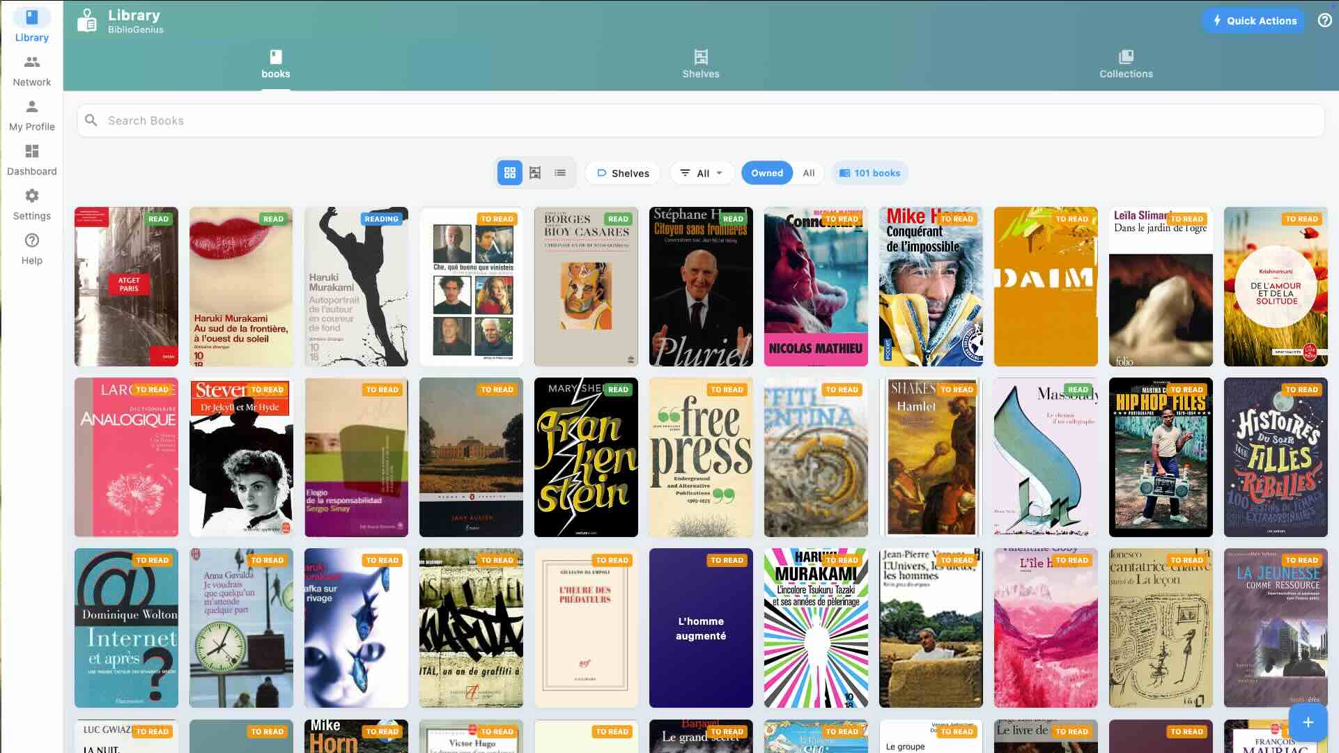 BiblioGenius screenshot showing the library view with book covers