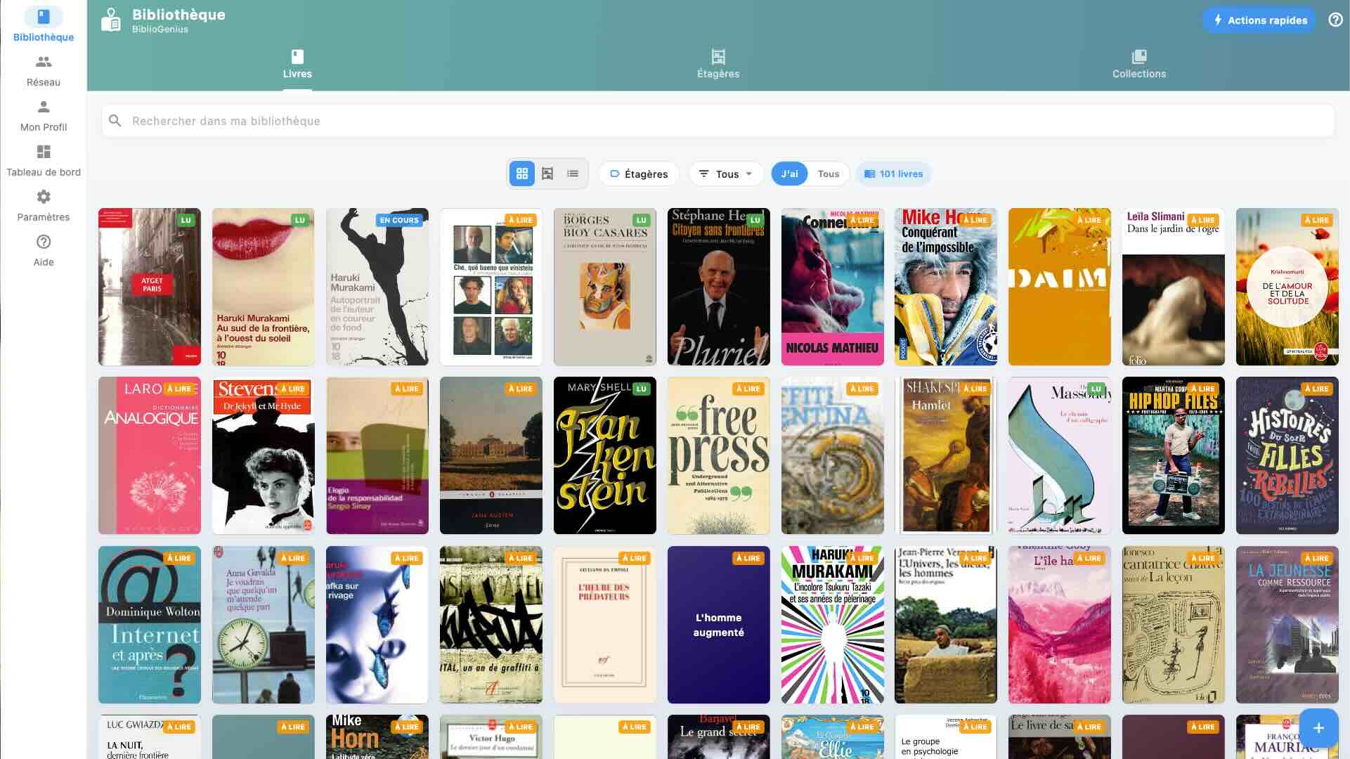 Capture d'écran de BiblioGenius montrant la vue bibliothèque avec les couvertures de livres