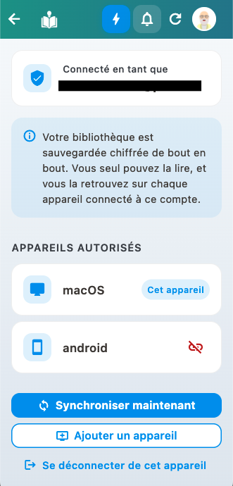 L'écran du compte : appareils autorisés, synchronisation et ajout d'appareil