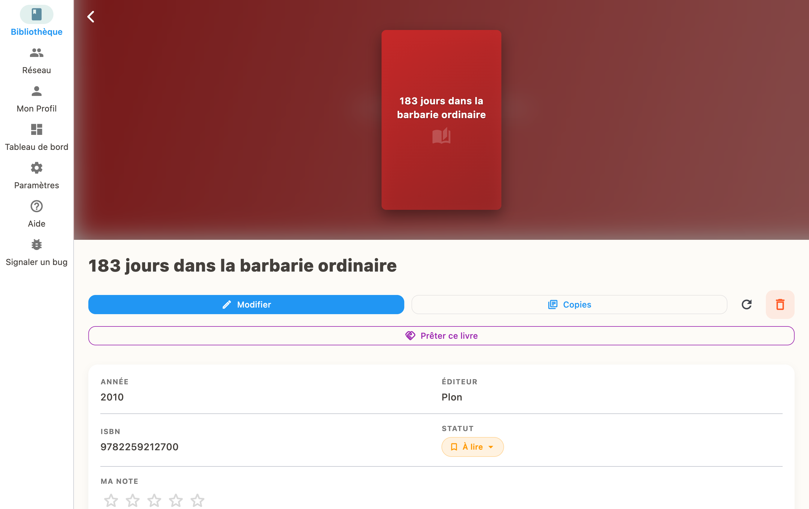 Fiche du livre avec bouton Preter
